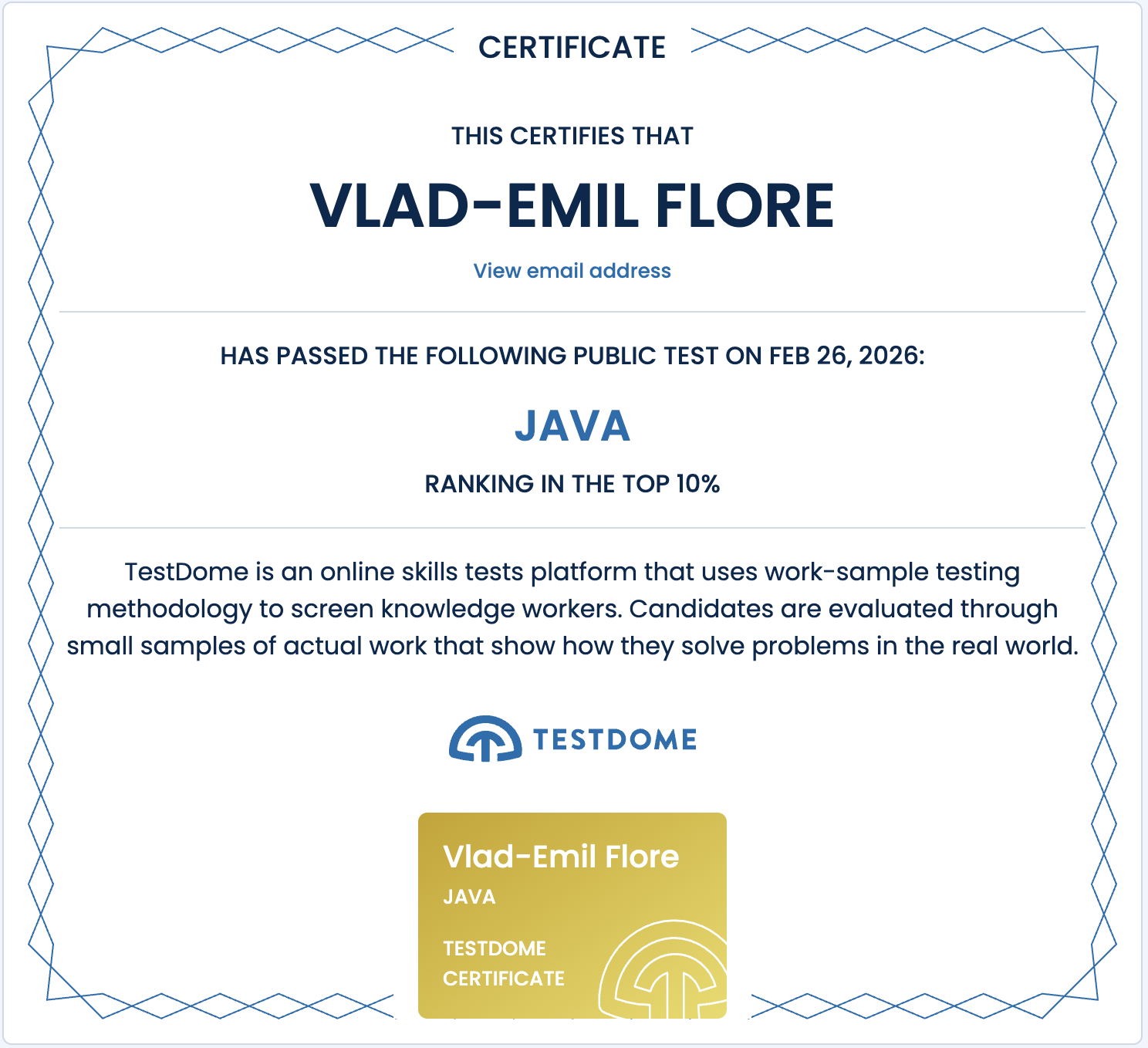 Java TestDome Certificate